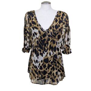 Vintage Y2K Babydoll Blouse Tunic Small Sheer Bishop Sleeve Leopard Lined Ruffle